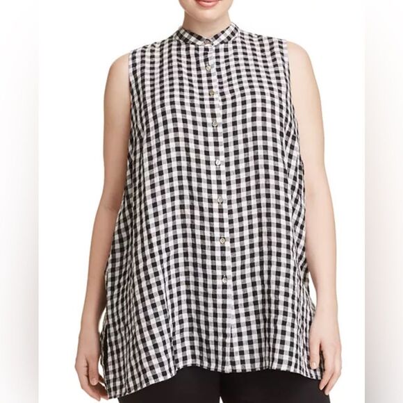 Eileen Sleeveless Tunic Button Front Linen  Blk/Wht Gingham L - Picture 1 of 9